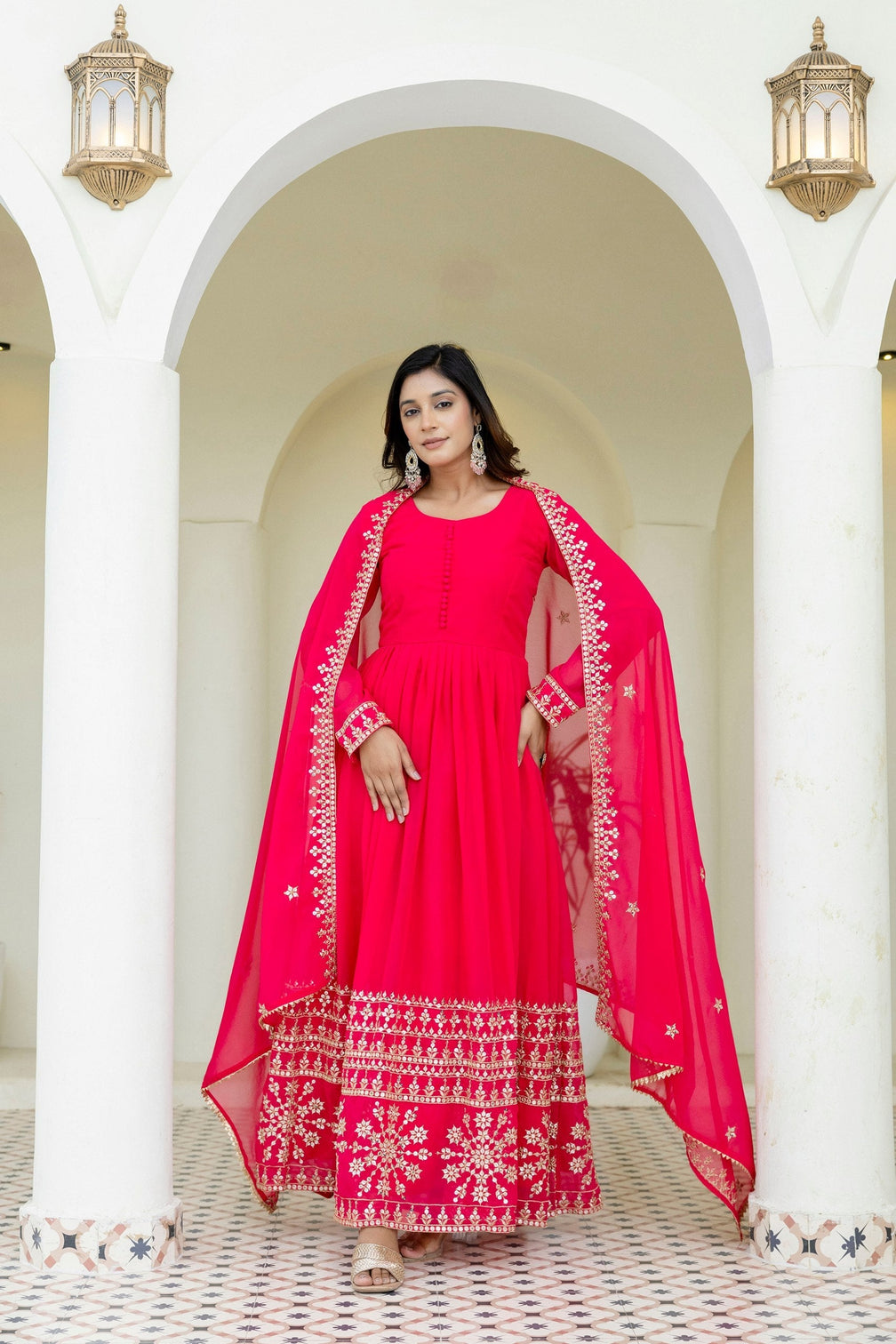 Pink Georgette Embroidered Gown with Dupatta Zari & Sequins Work Fully Stitched & Ready to Wear
