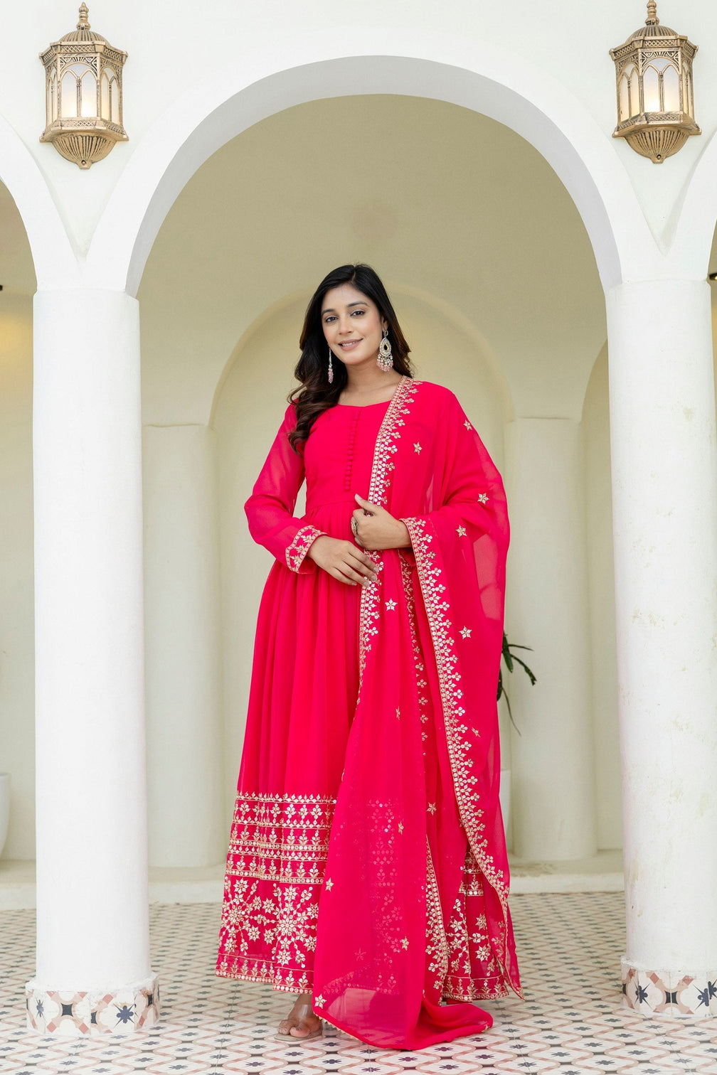 Pink Georgette Embroidered Gown with Dupatta Zari & Sequins Work Fully Stitched & Ready to Wear