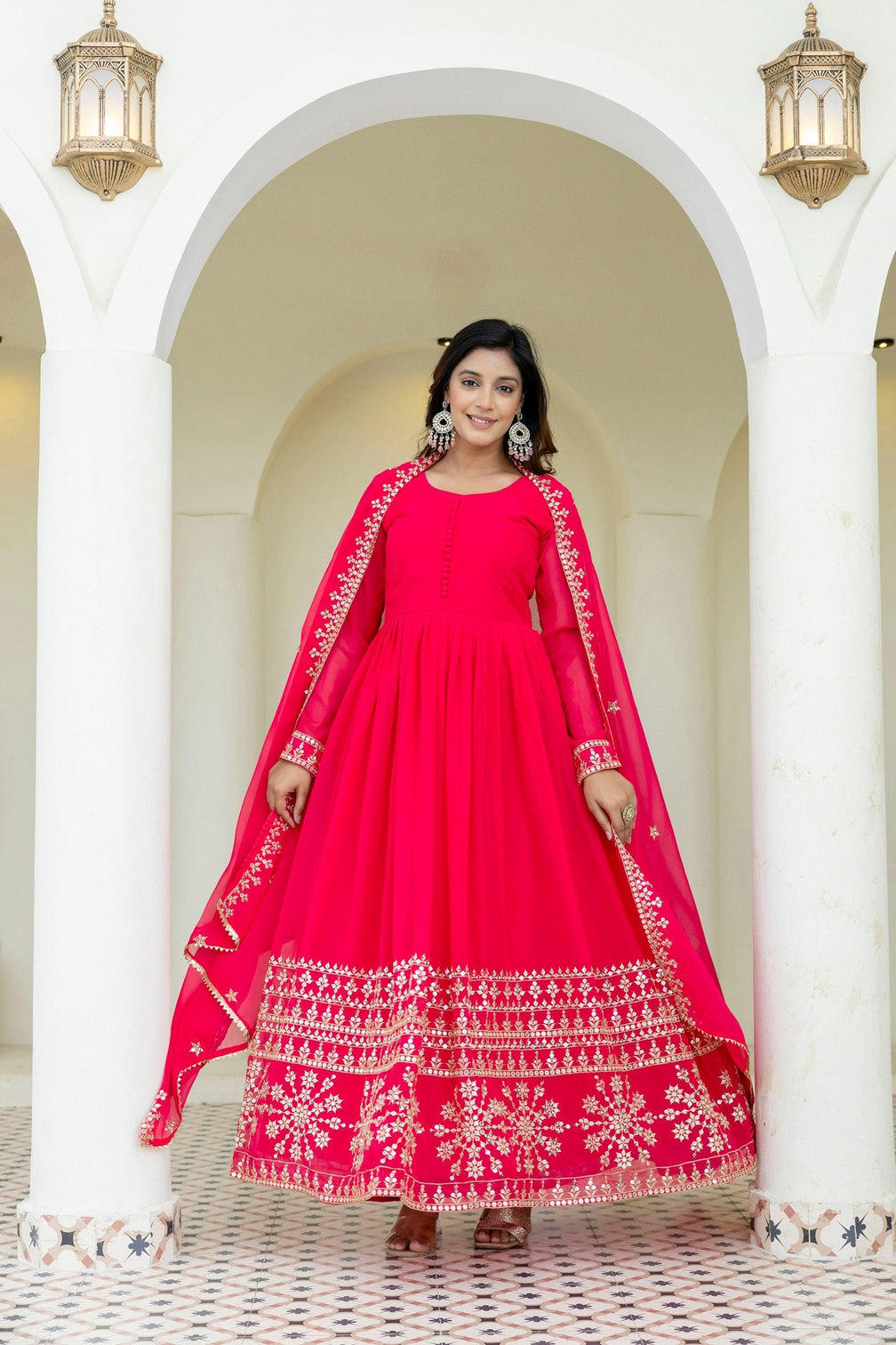 Pink Georgette Embroidered Gown with Dupatta Zari & Sequins Work Fully Stitched & Ready to Wear
