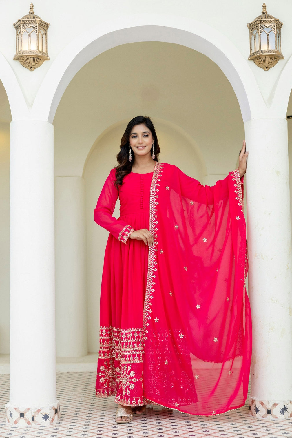 Pink Georgette Embroidered Gown with Dupatta Zari & Sequins Work Fully Stitched & Ready to Wear