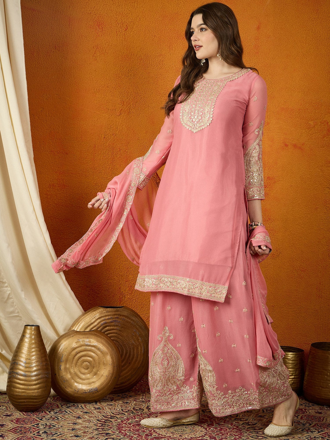 Pink Georgette Embroidered Kurta Palazzo Set with Dupatta