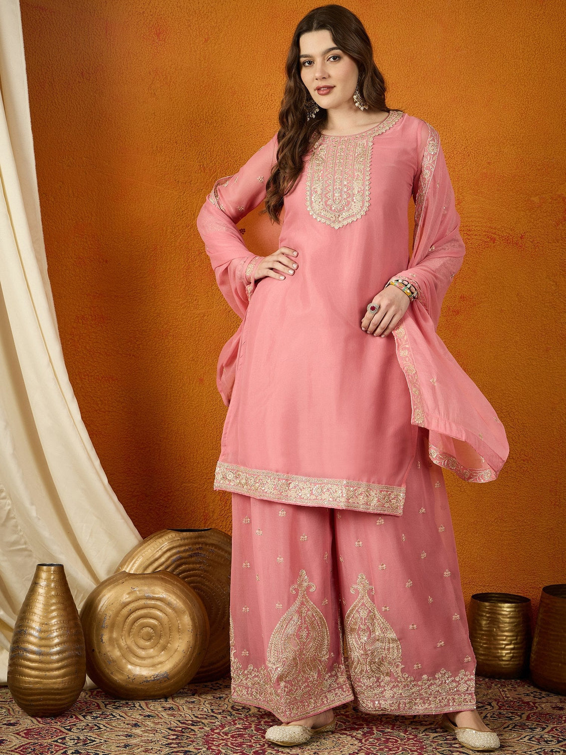 Pink Georgette Embroidered Kurta Palazzo Set with Dupatta