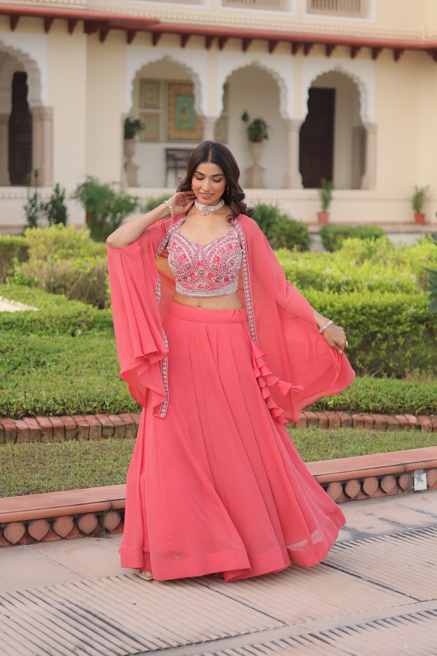 Pink Georgette Lehenga Choli with Shrug