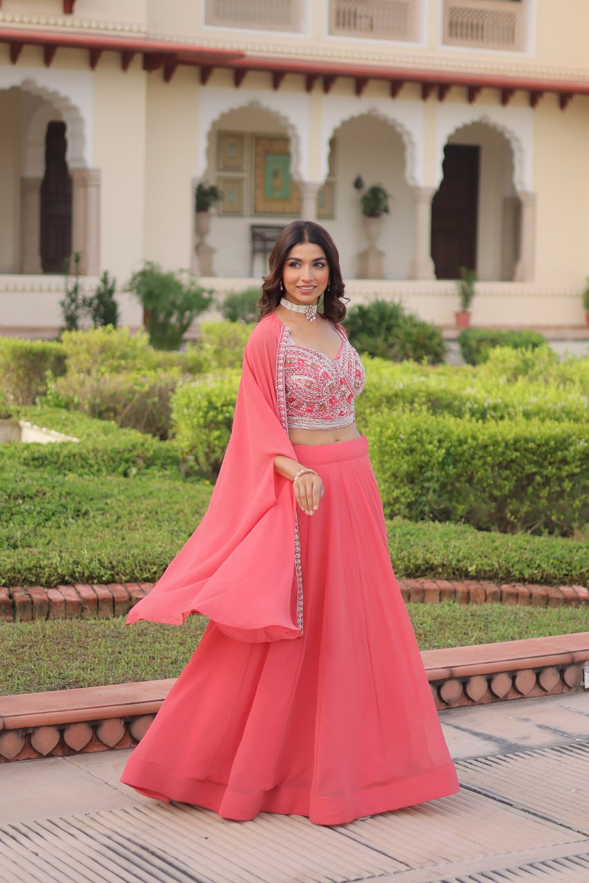 Pink Georgette Lehenga Choli with Shrug