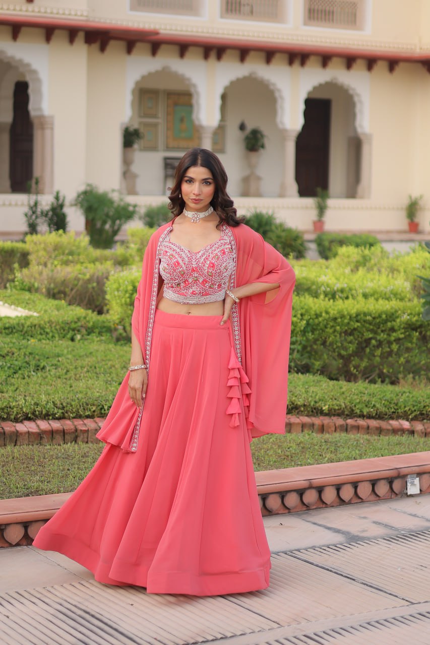 Pink Georgette Lehenga Choli with Shrug