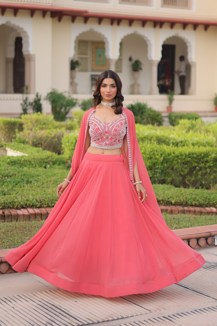 Pink Georgette Lehenga Choli with Shrug