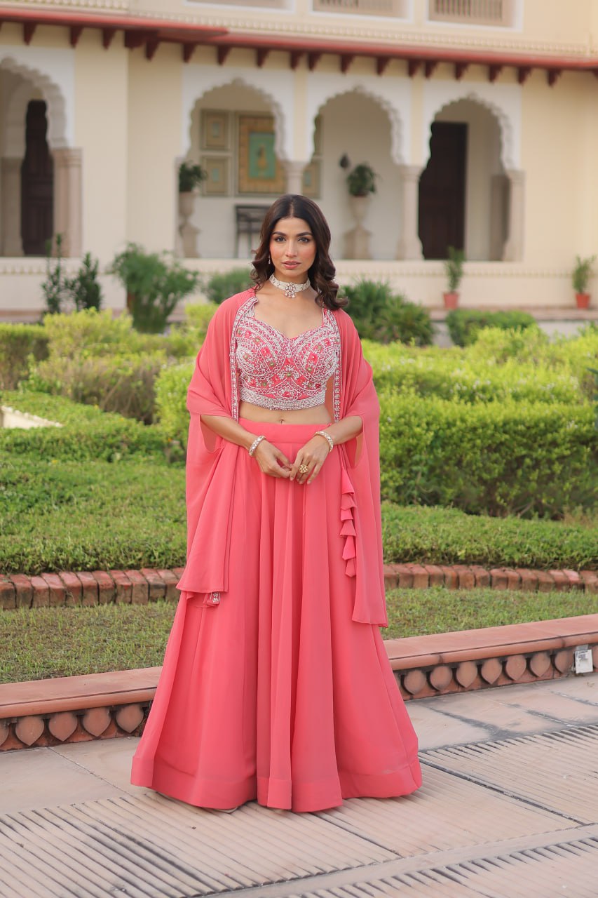 Pink Georgette Lehenga Choli with Shrug