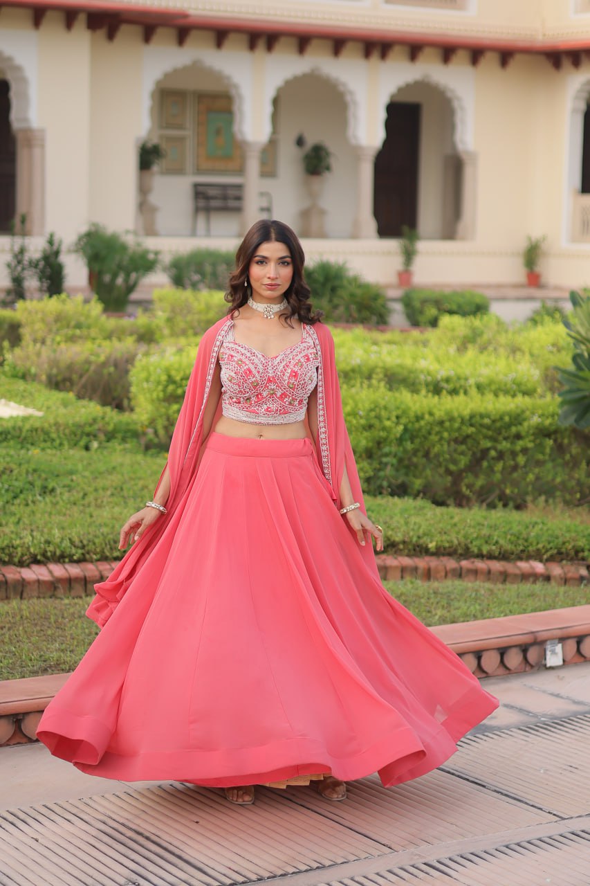 Pink Georgette Lehenga Choli with Shrug