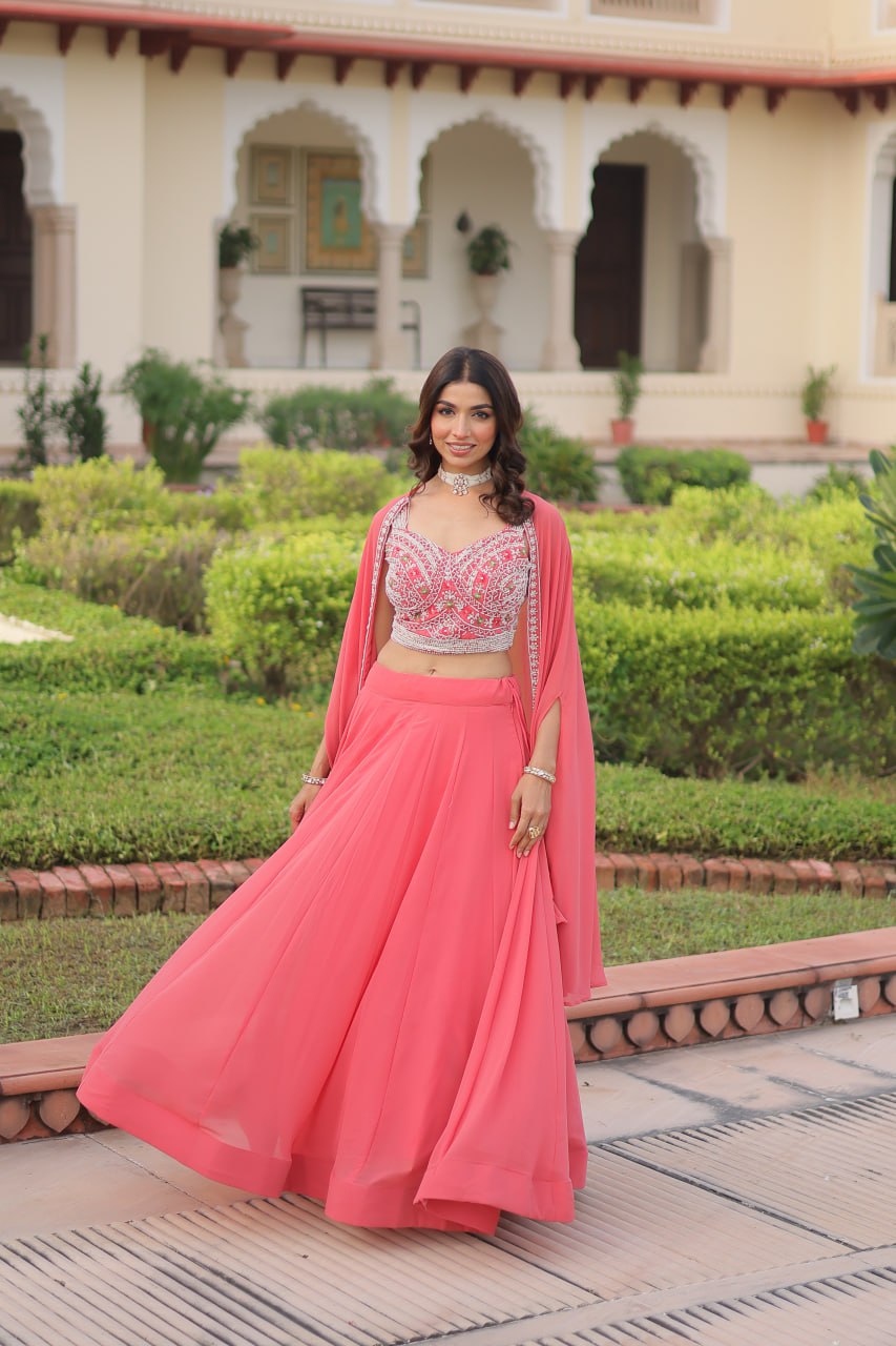 Pink Georgette Lehenga Choli with Shrug