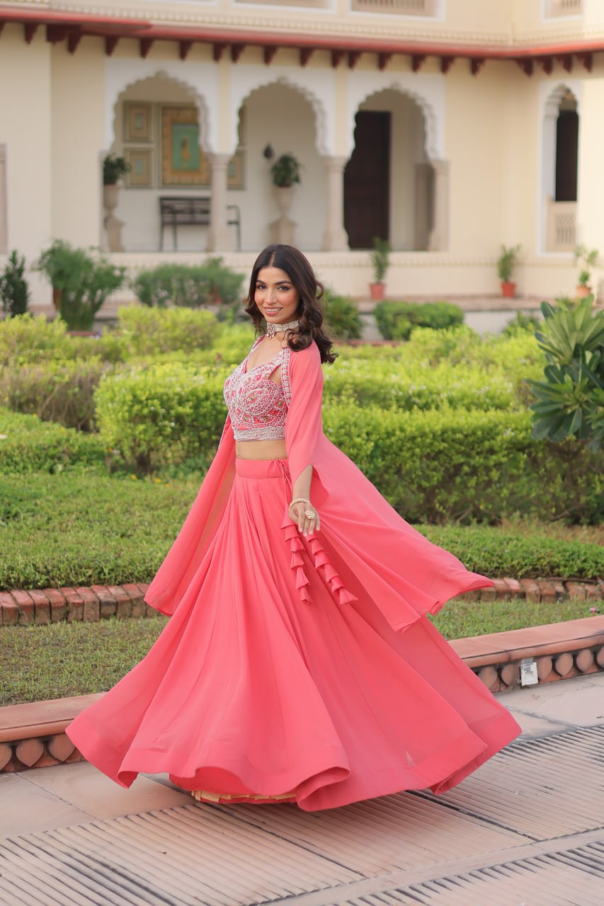 Pink Georgette Lehenga Choli with Shrug