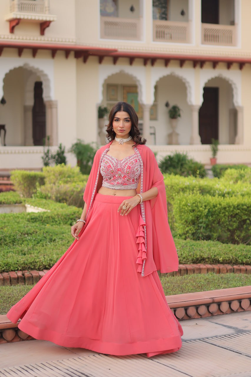 Pink Georgette Lehenga Choli with Shrug
