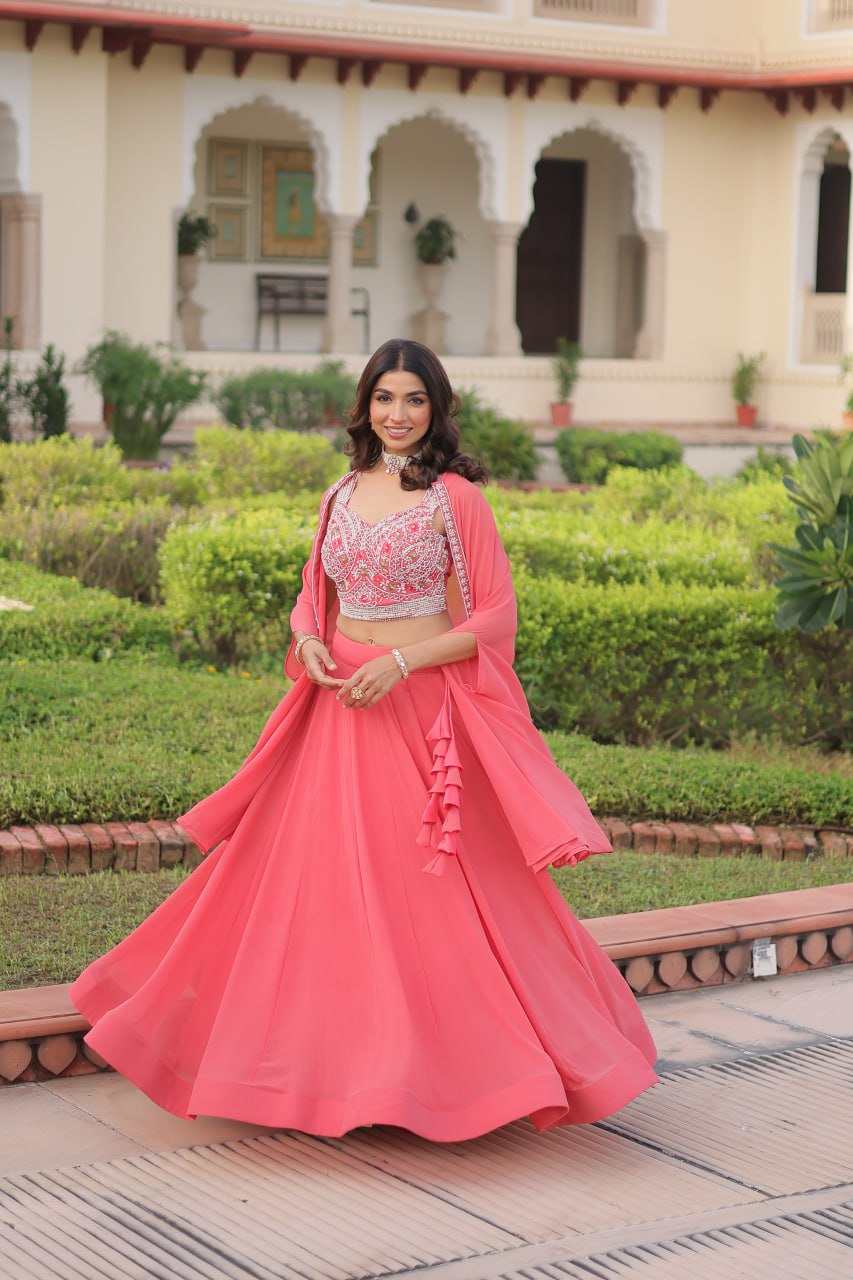 Pink Georgette Lehenga Choli with Shrug