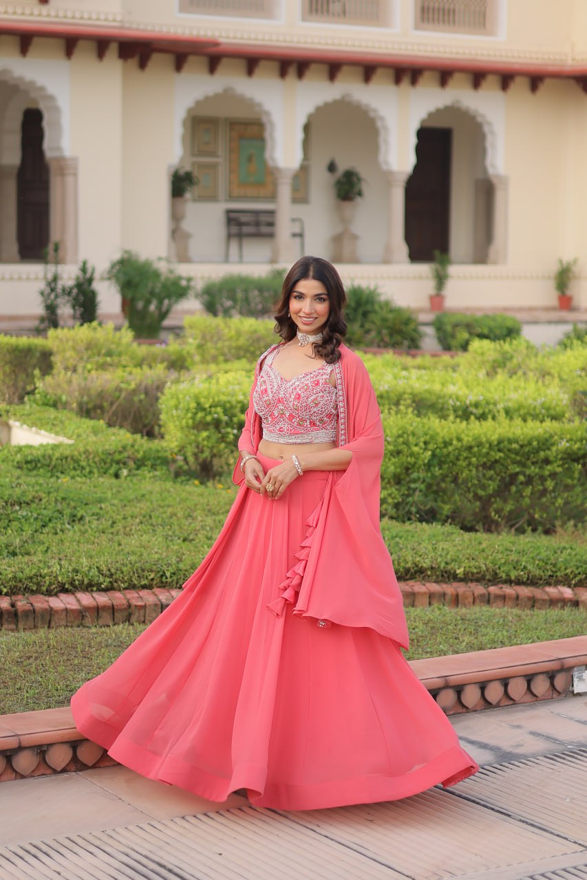 Pink Georgette Lehenga Choli with Shrug