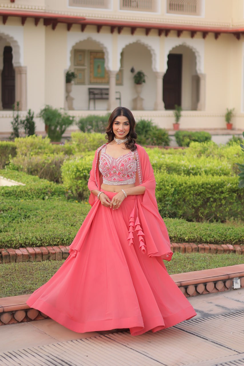 Pink Georgette Lehenga Choli with Shrug