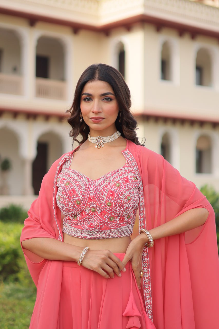 Pink Georgette Lehenga Choli with Shrug