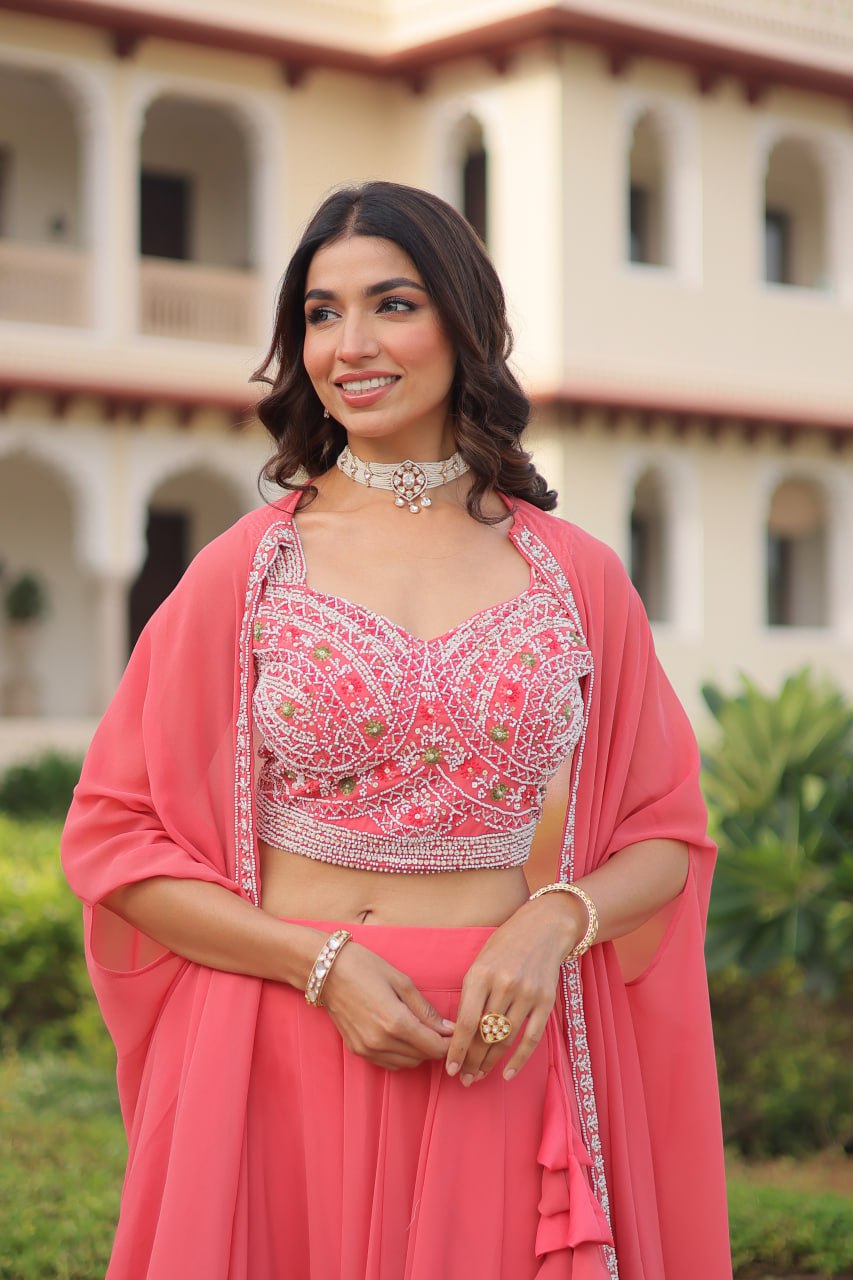 Pink Georgette Lehenga Choli with Shrug