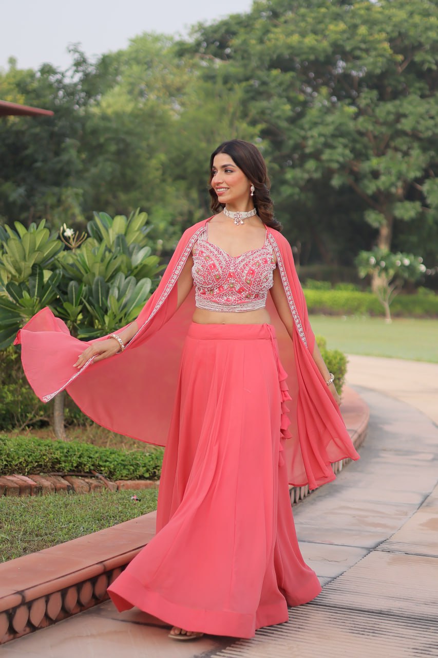 Pink Georgette Lehenga Choli with Shrug