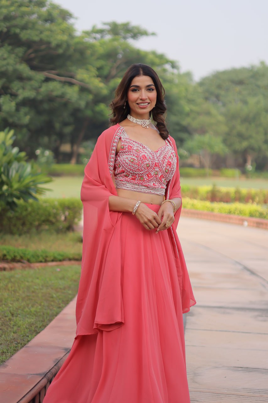 Pink Georgette Lehenga Choli with Shrug