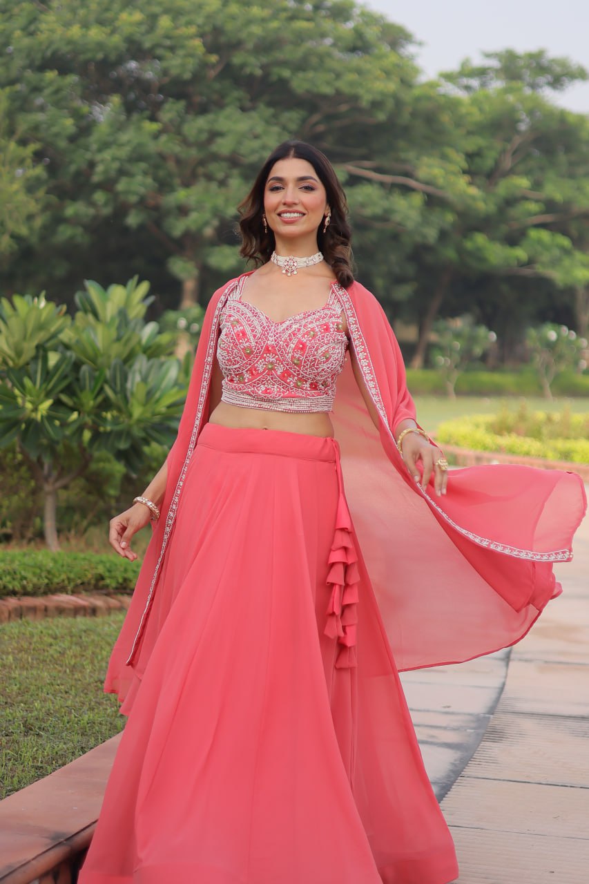 Pink Georgette Lehenga Choli with Shrug