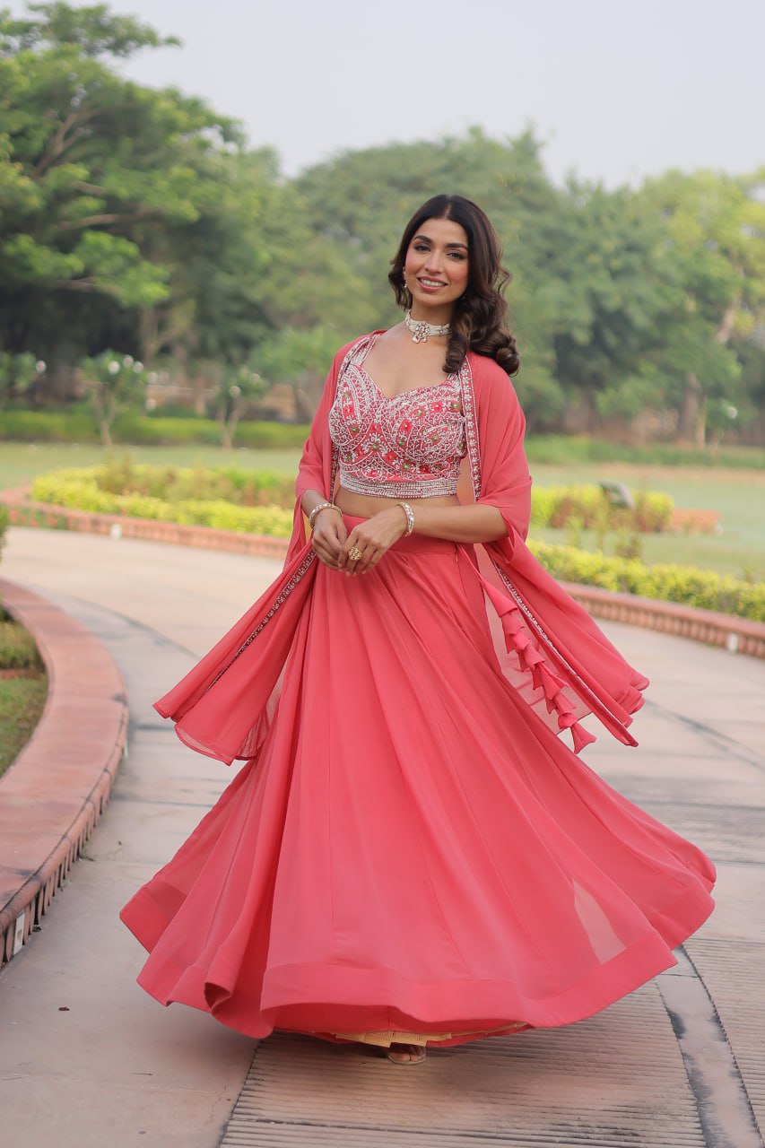 Pink Georgette Lehenga Choli with Shrug