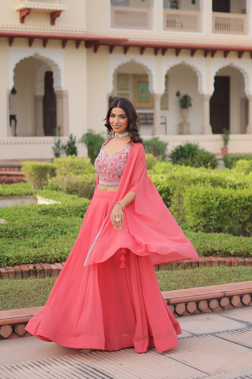 Pink Georgette Lehenga Choli with Shrug