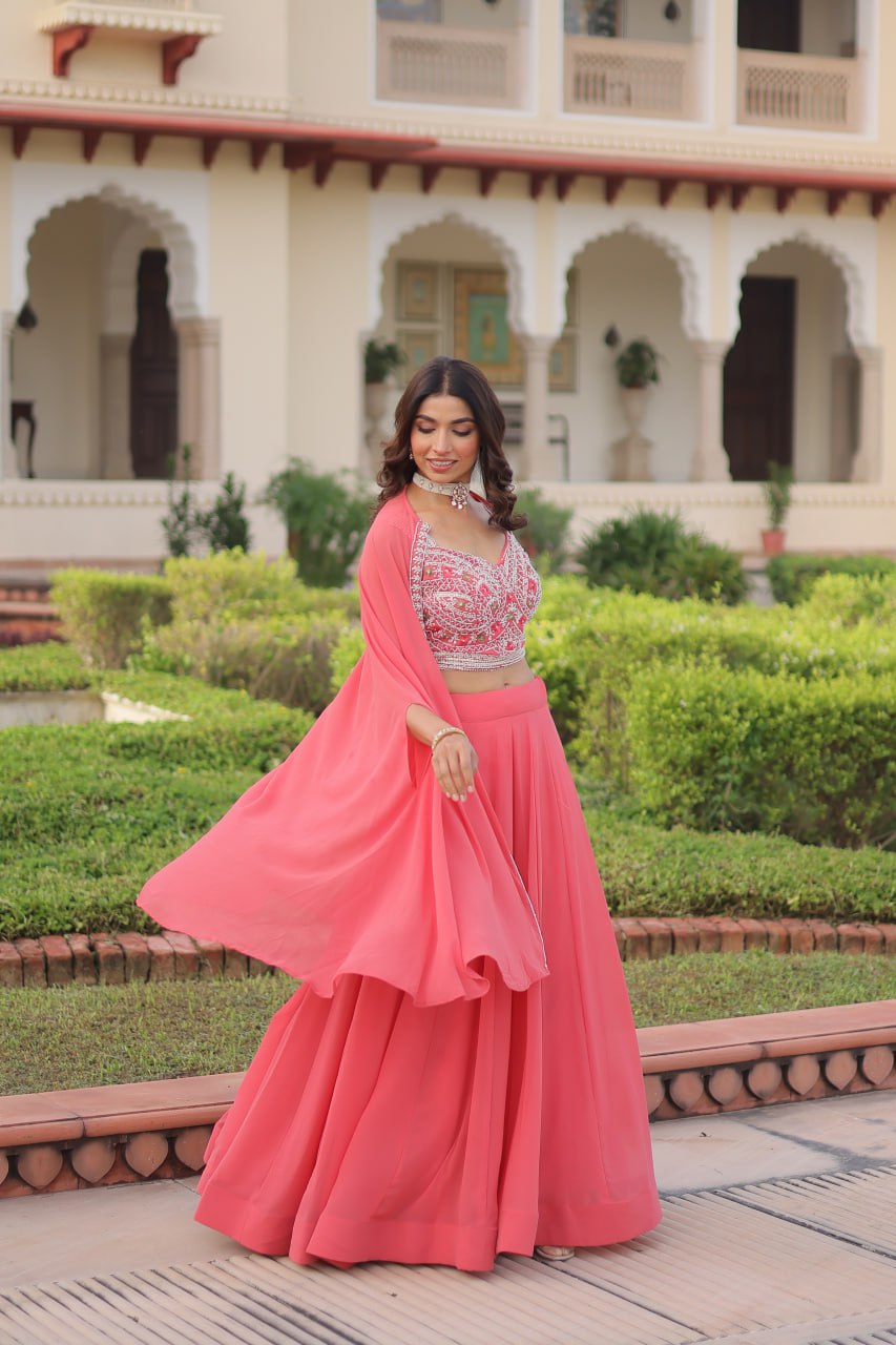 Pink Georgette Lehenga Choli with Shrug