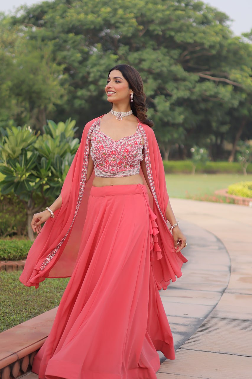 Pink Georgette Lehenga Choli with Shrug
