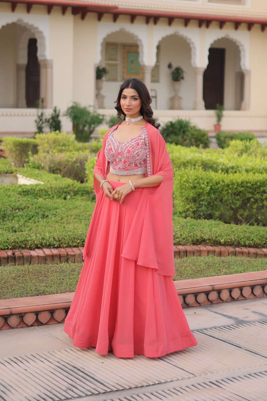 Pink Georgette Lehenga Choli with Shrug
