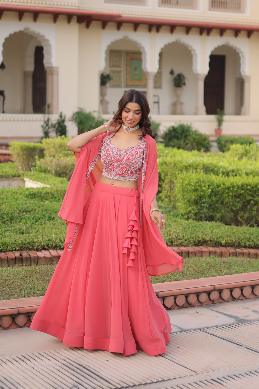 Pink Georgette Lehenga Choli with Shrug