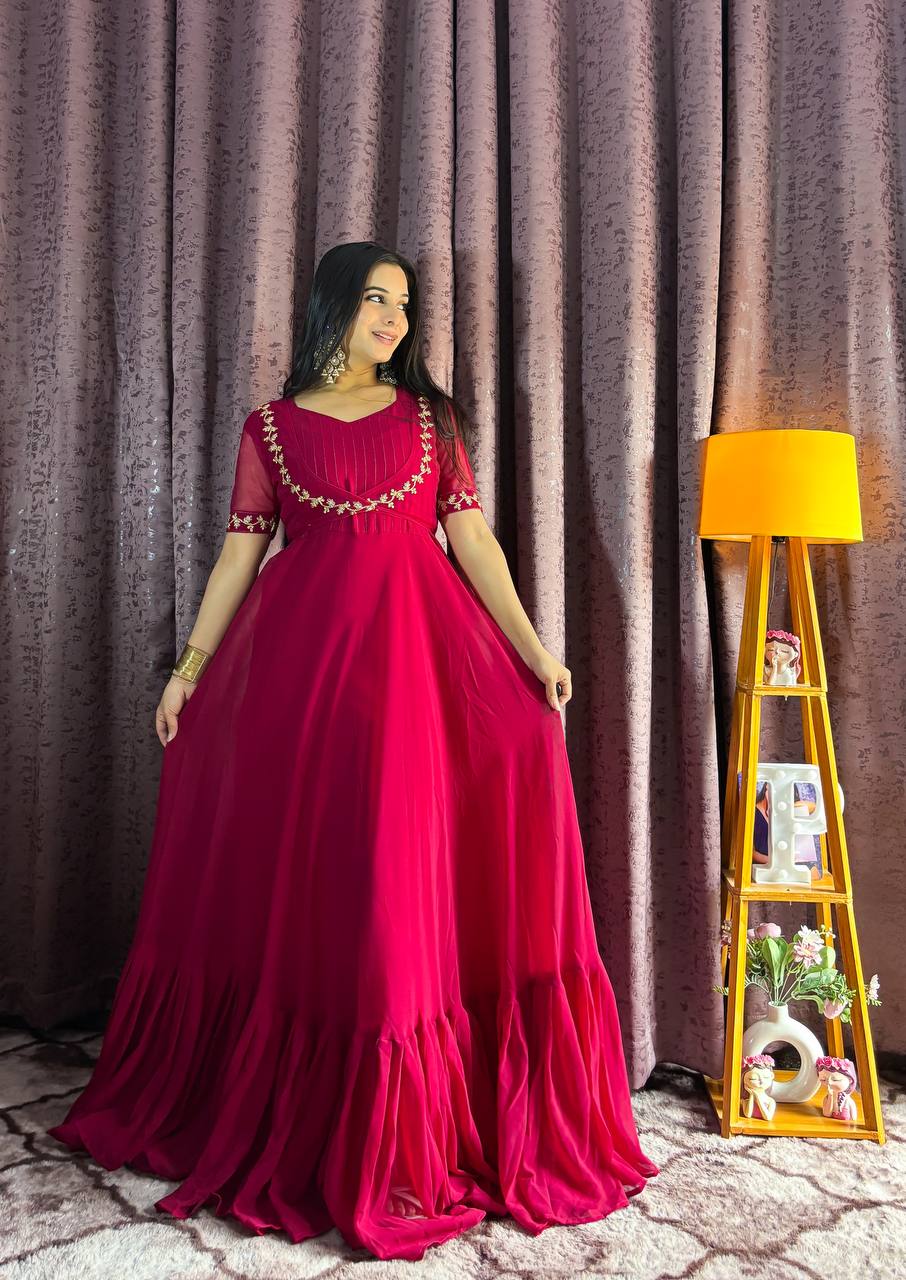 Pink Georgette Ruffle Gown with Removable Net Koti – Festive Wear Collection