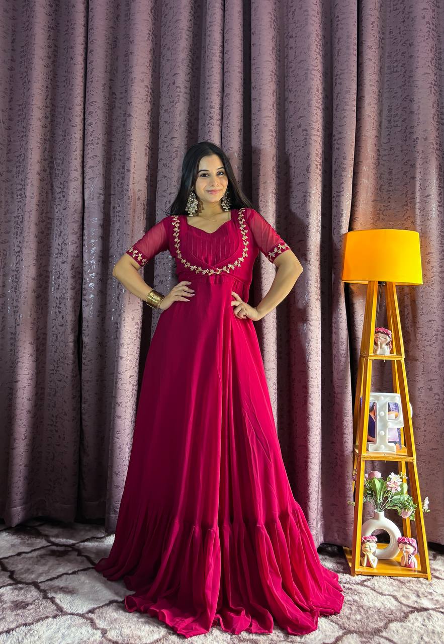 Pink Georgette Ruffle Gown with Removable Net Koti – Festive Wear Collection