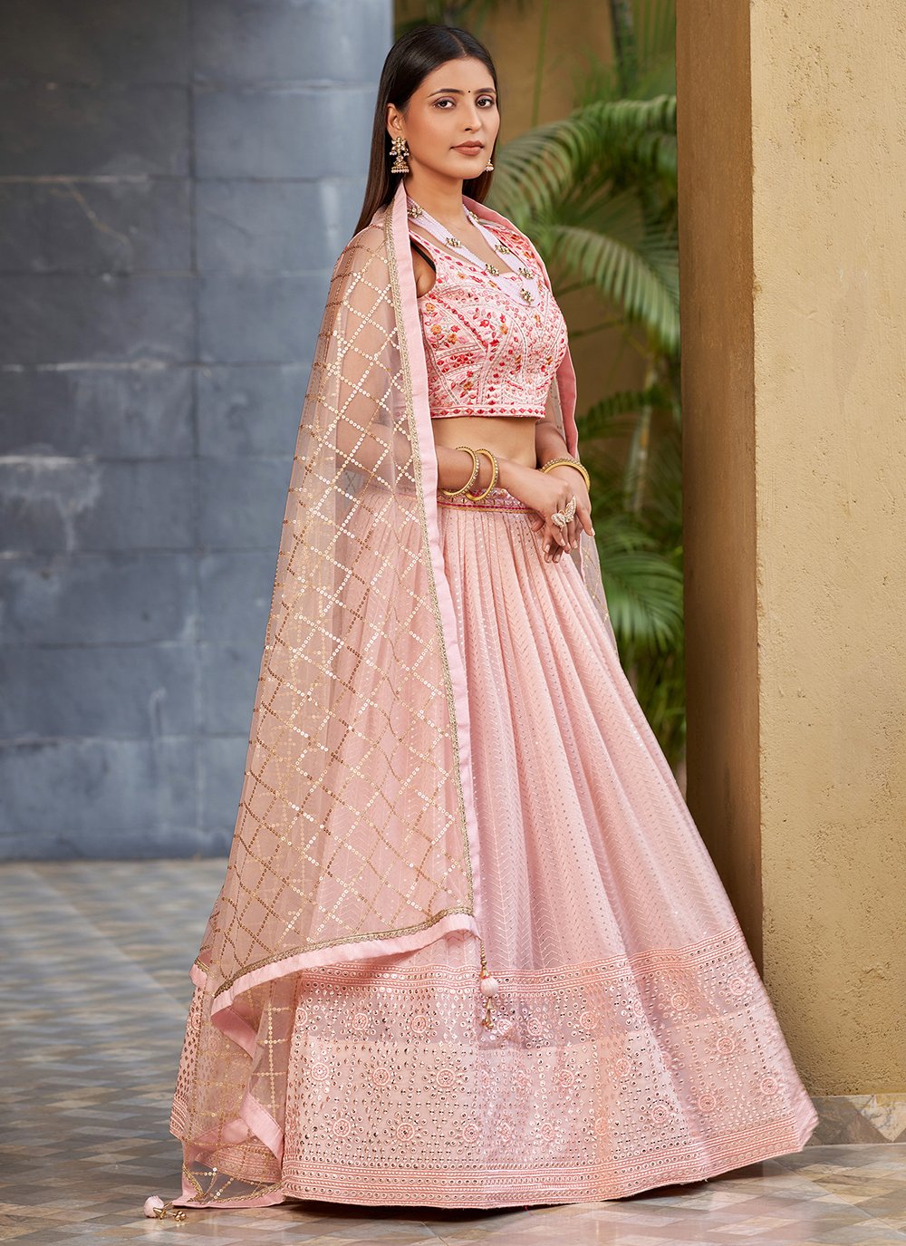 Pink georgette sequins and mirror work bridesmaid wedding lehenga