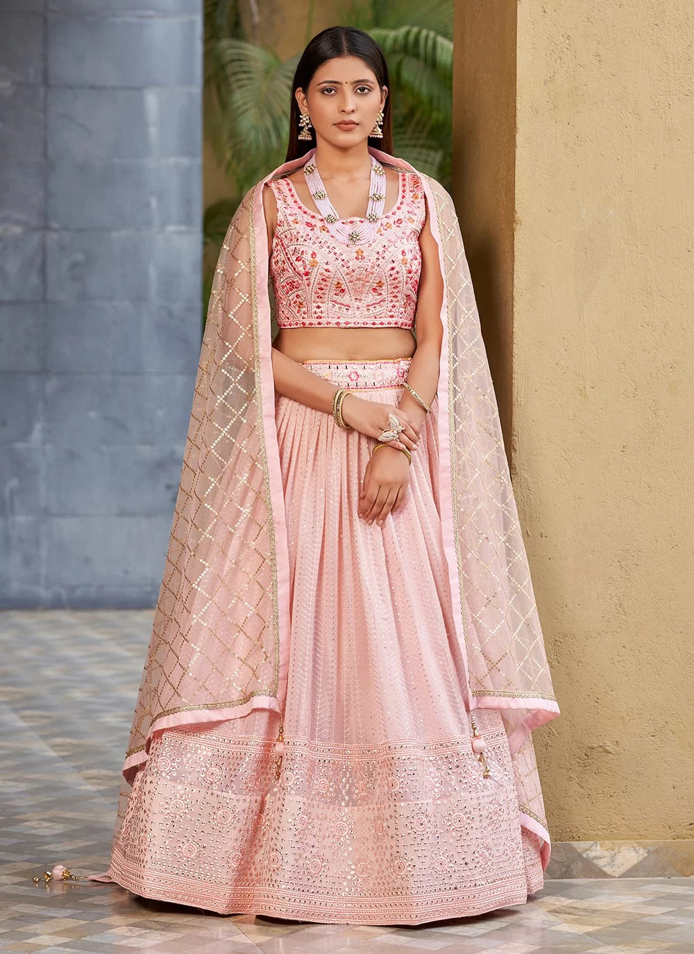 Pink georgette sequins and mirror work bridesmaid wedding lehenga