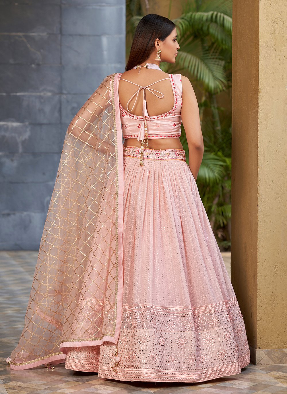 Pink georgette sequins and mirror work bridesmaid wedding lehenga
