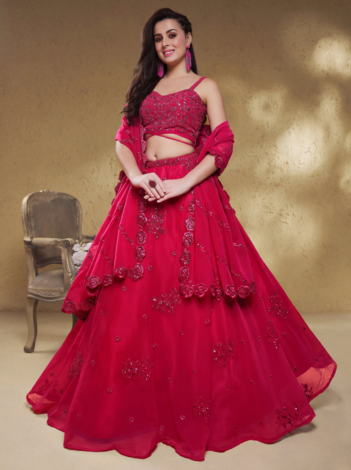 Georgette Zari, Sequin & Dori Embroidered Semi-Stitched Lehenga Choli
