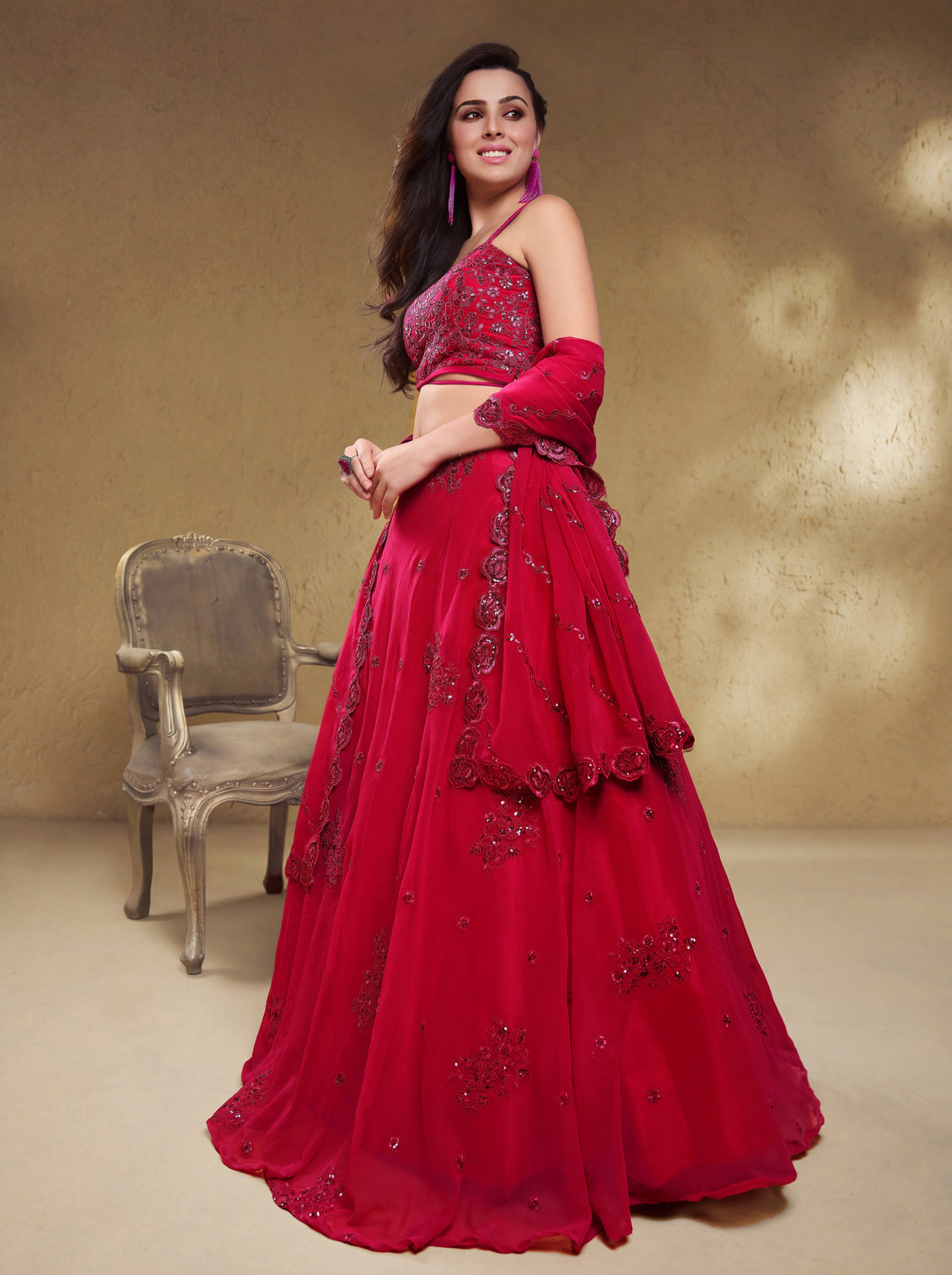 Georgette Zari, Sequin & Dori Embroidered Semi-Stitched Lehenga Choli