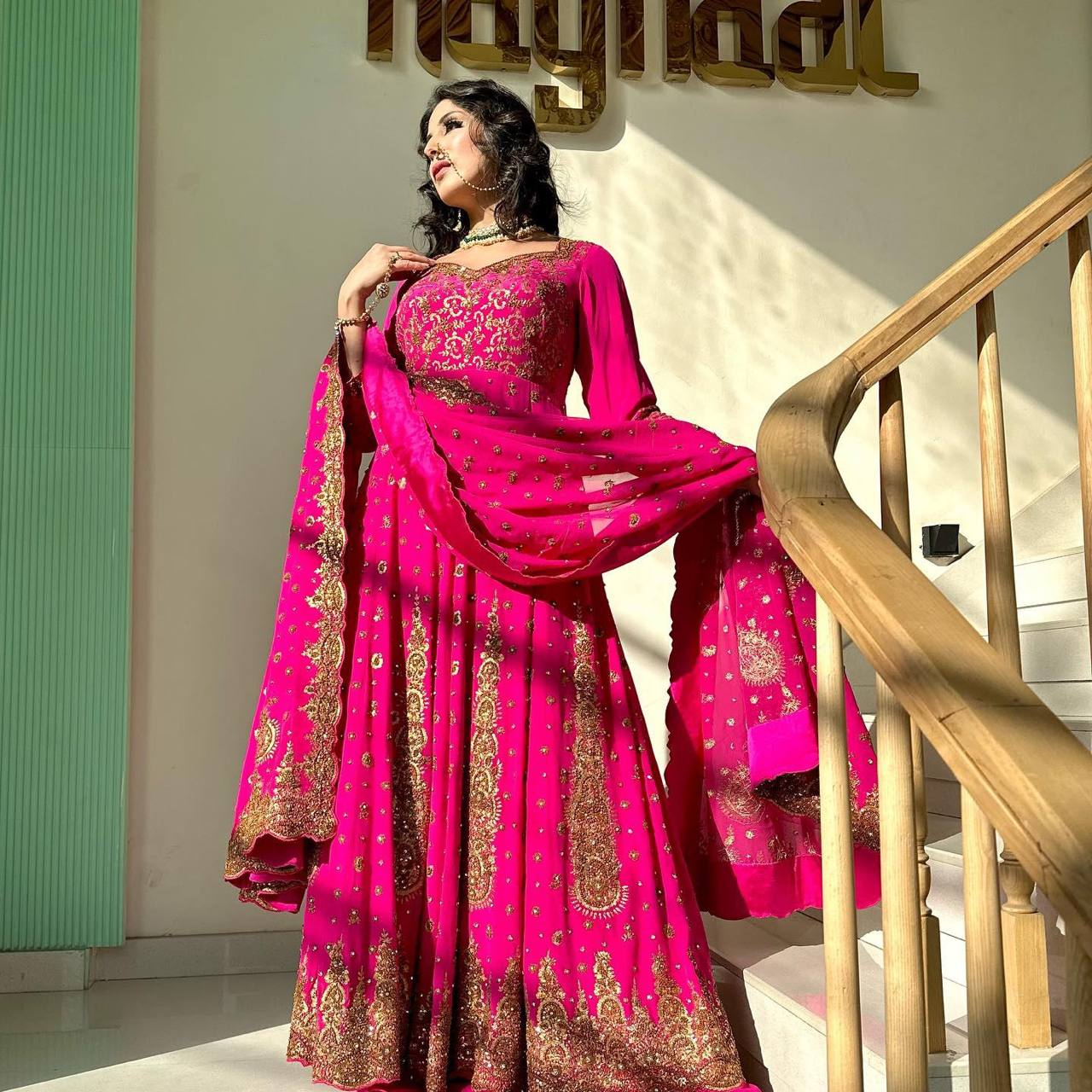 Pink Glam Fox Georgette Long Flared Anarkali with Plazo & Dupatta – Zari & Sequence