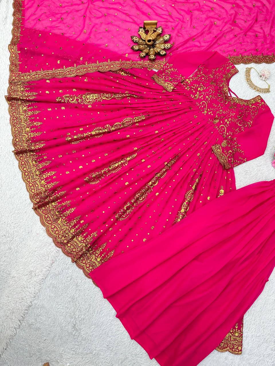 Pink Glam Fox Georgette Long Flared Anarkali with Plazo & Dupatta – Zari & Sequence