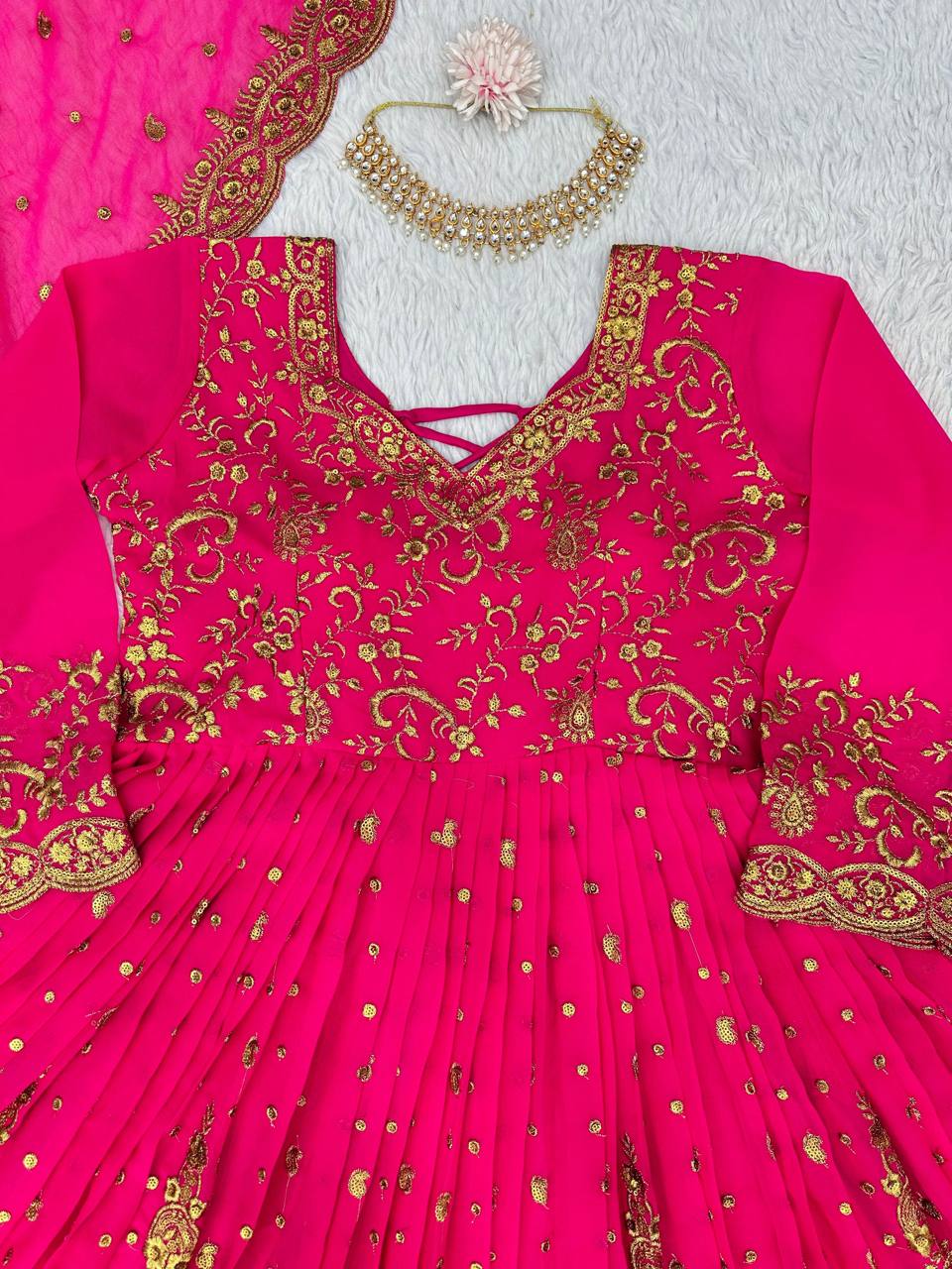 Pink Glam Fox Georgette Long Flared Anarkali with Plazo & Dupatta – Zari & Sequence