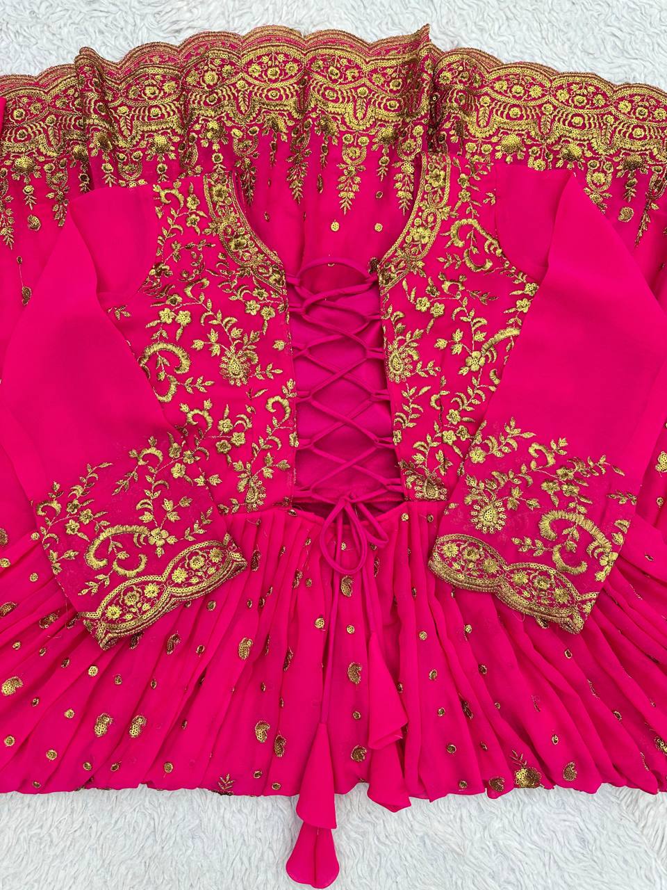 Pink Glam Fox Georgette Long Flared Anarkali with Plazo & Dupatta – Zari & Sequence