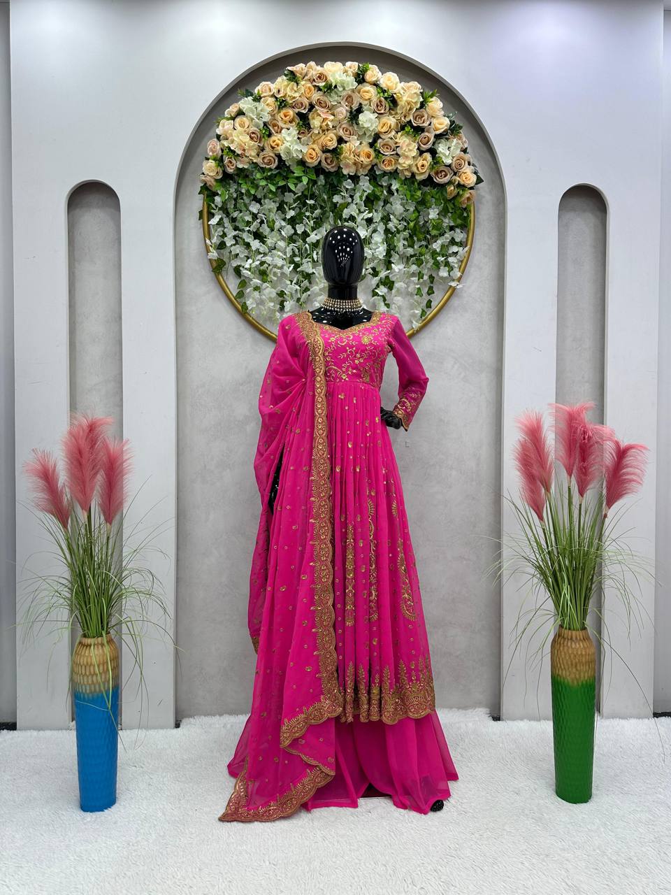 Pink Glam Fox Georgette Long Flared Anarkali with Plazo & Dupatta – Zari & Sequence