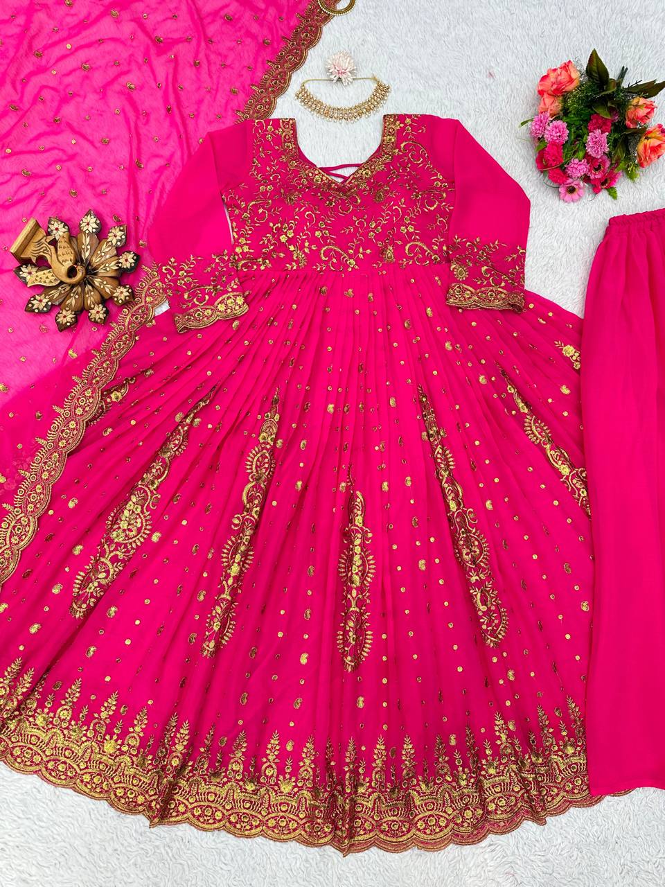 Pink Glam Fox Georgette Long Flared Anarkali with Plazo & Dupatta – Zari & Sequence