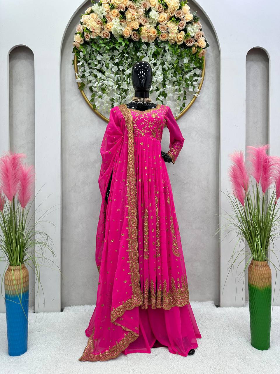 Pink Glam Fox Georgette Long Flared Anarkali with Plazo & Dupatta – Zari & Sequence