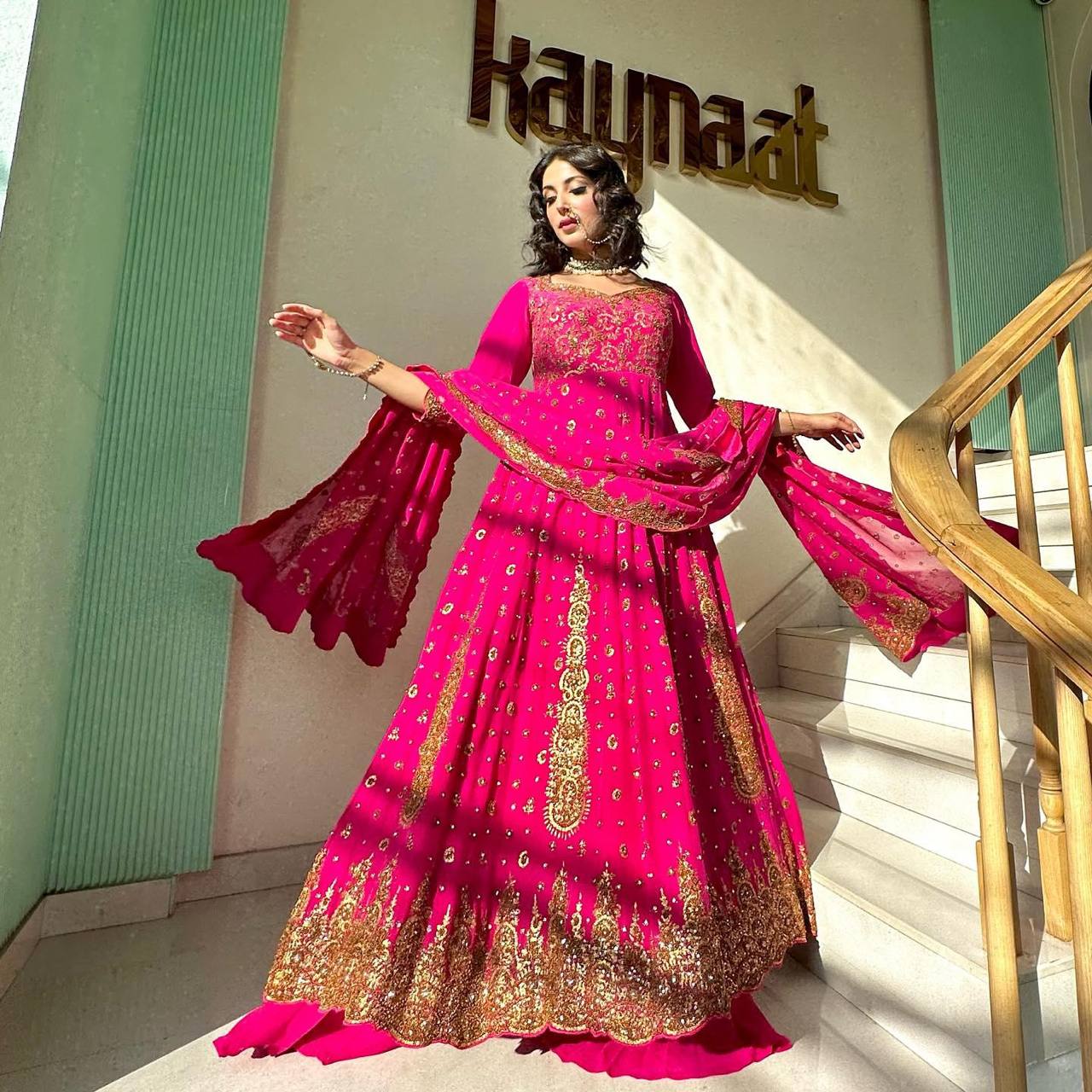 Pink Glam Fox Georgette Long Flared Anarkali with Plazo & Dupatta – Zari & Sequence