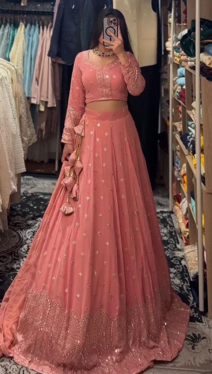 Pink Glamorous Faux Georgette Lehenga Choli Set with Sequin Embroidery & Dupatta