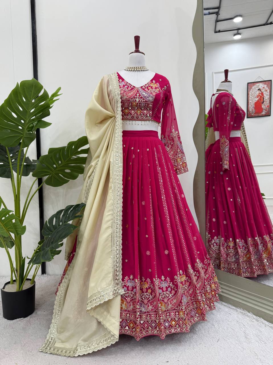 Pink Glamorous Faux Georgette Lehenga Set with Sequins & Thread Embroidery