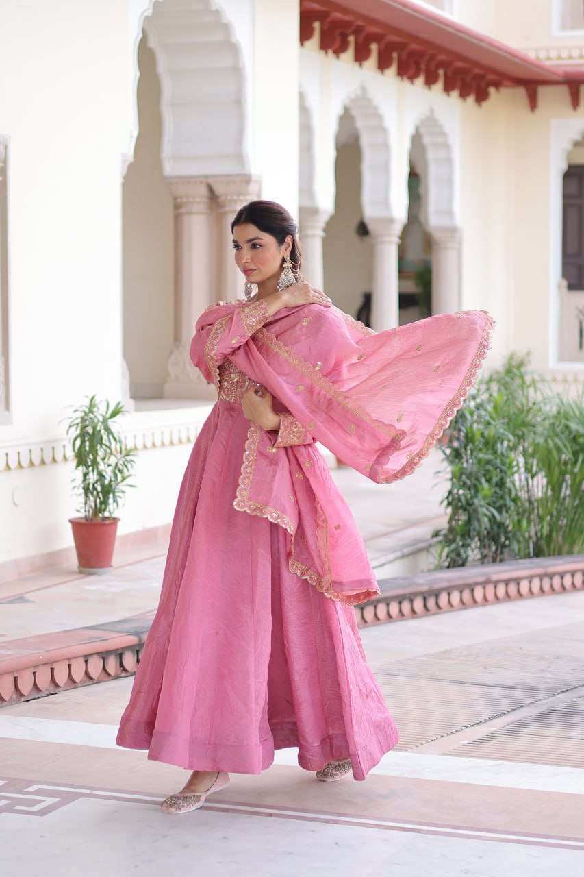 Pink Gold Crush Anarkali Gown