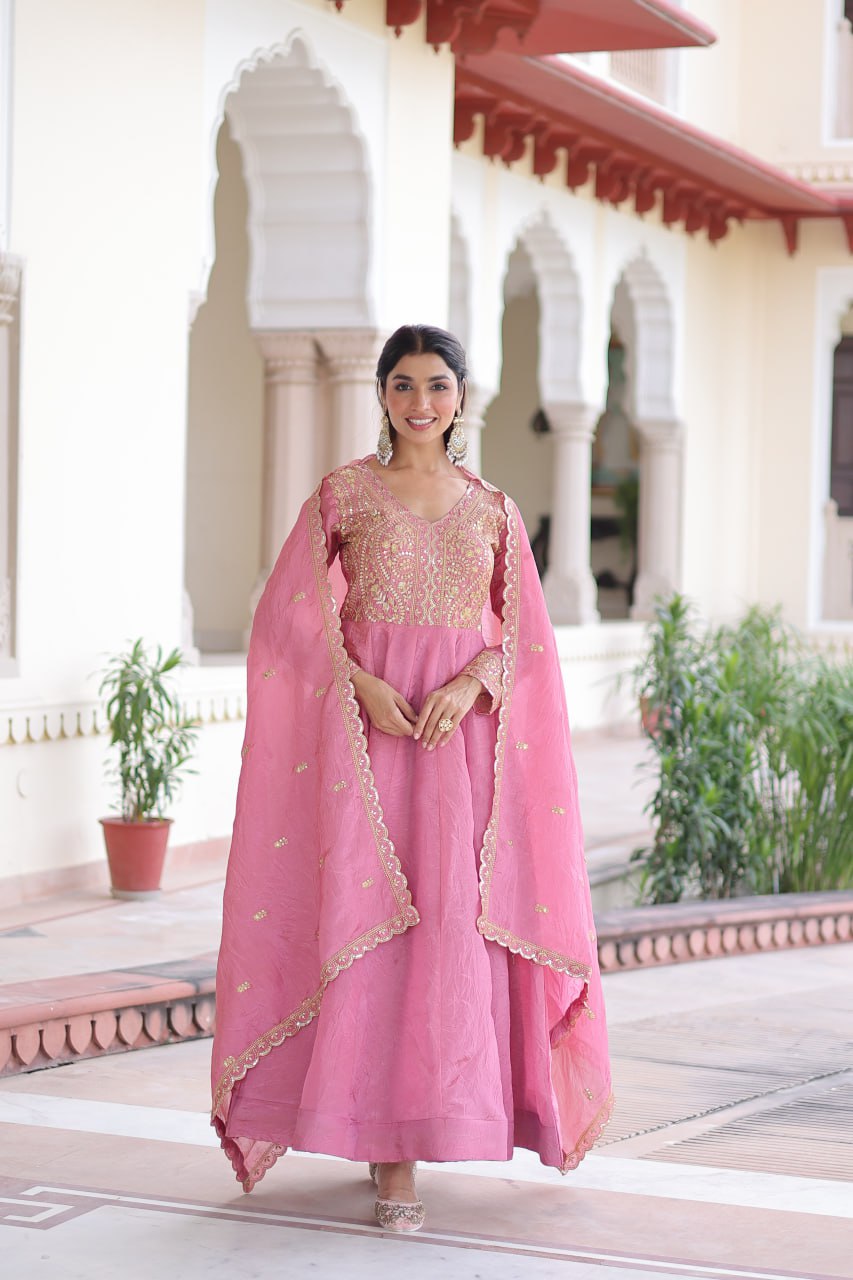Pink Gold Crush Anarkali Gown