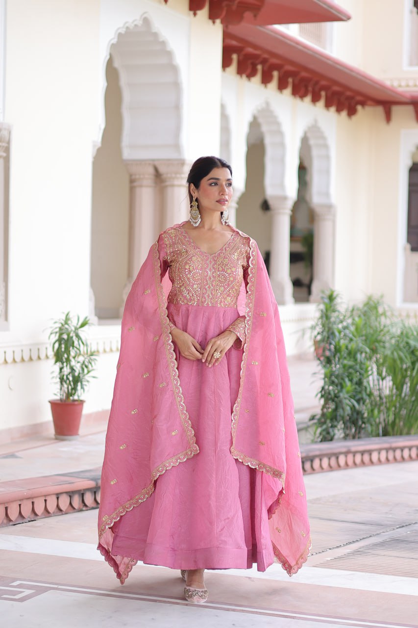 Pink Gold Crush Anarkali Gown