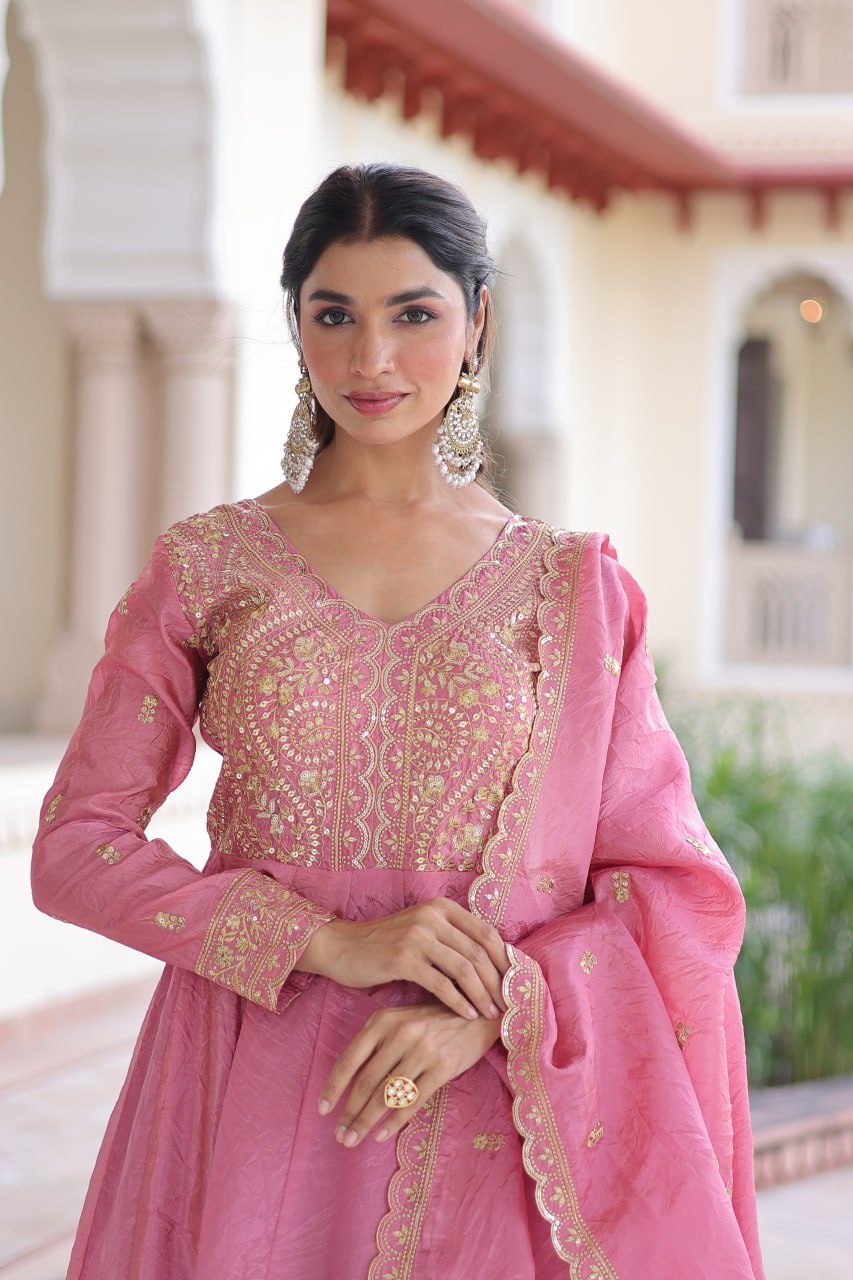Pink Gold Crush Anarkali Gown